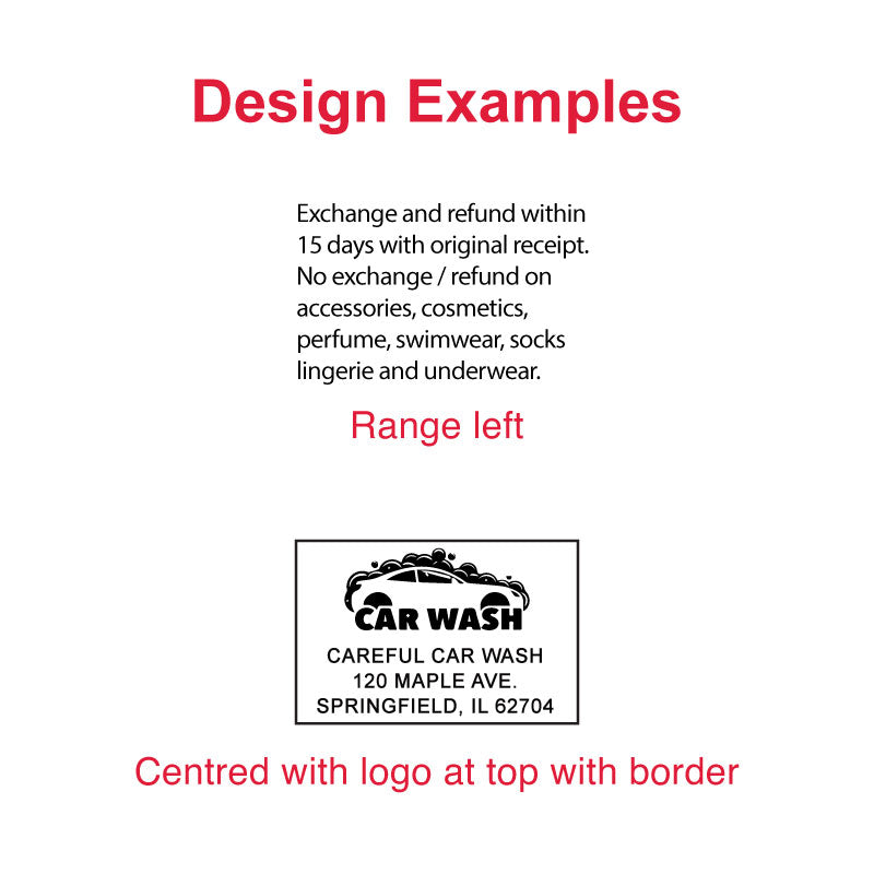 Design examples for DF2843 pre-inked stamp with business address, logo, and return policy information layouts