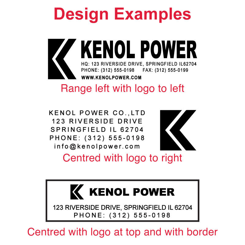 Sample designs for DF2891 pre-inked stamp featuring company information in different layouts with logo and border