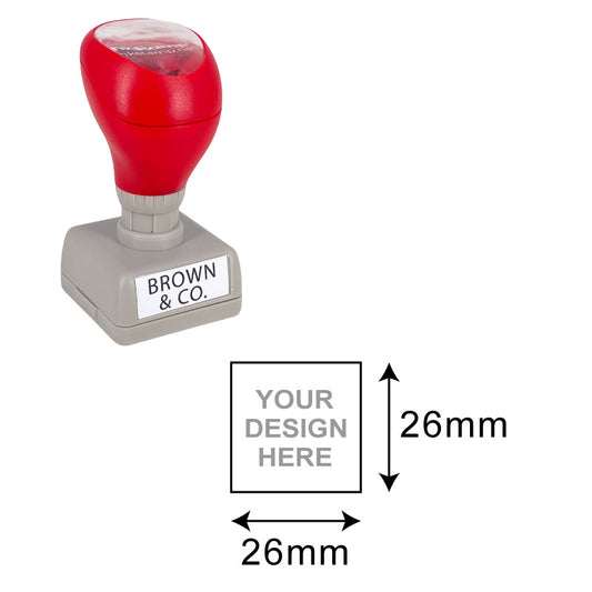 Customizable square pre-inked stamp with dimensions 26x26mm, featuring a red cap and space for personalized design