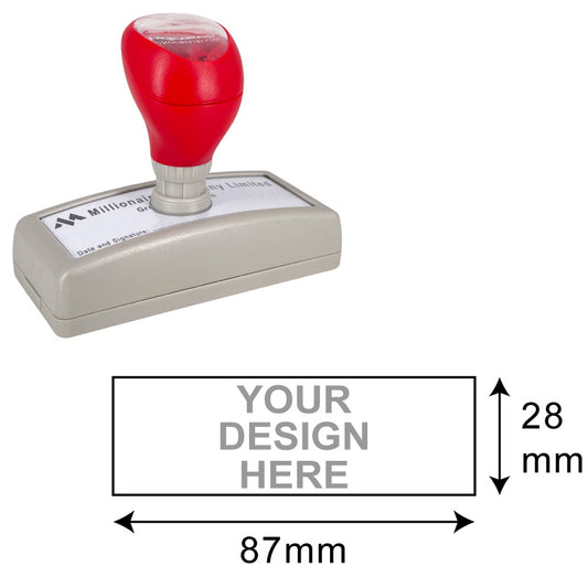 DF3291 Pre-Inked Stamp with a red handle and large 28x87mm imprint area, ready for customized designs and branding