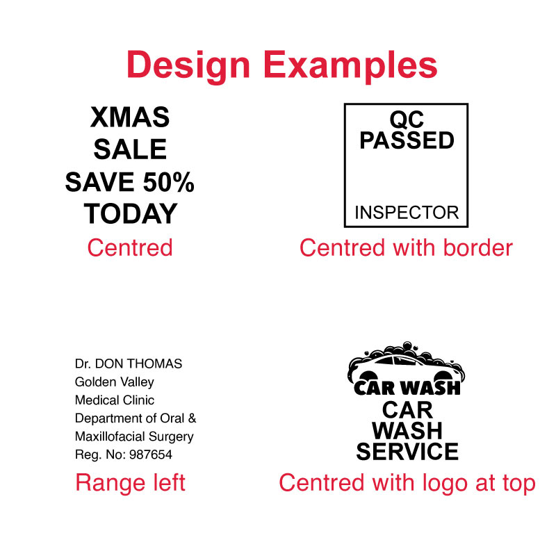 Design examples for DF3338 pre-inked stamp, demonstrating various text and logo placements for commercial and professional use