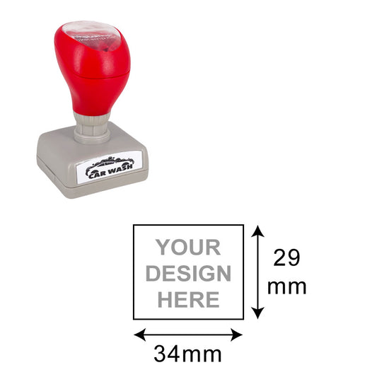 DF3338 Pre-Inked Stamp with 29x34mm imprint area and red cap, ideal for custom logos and business information