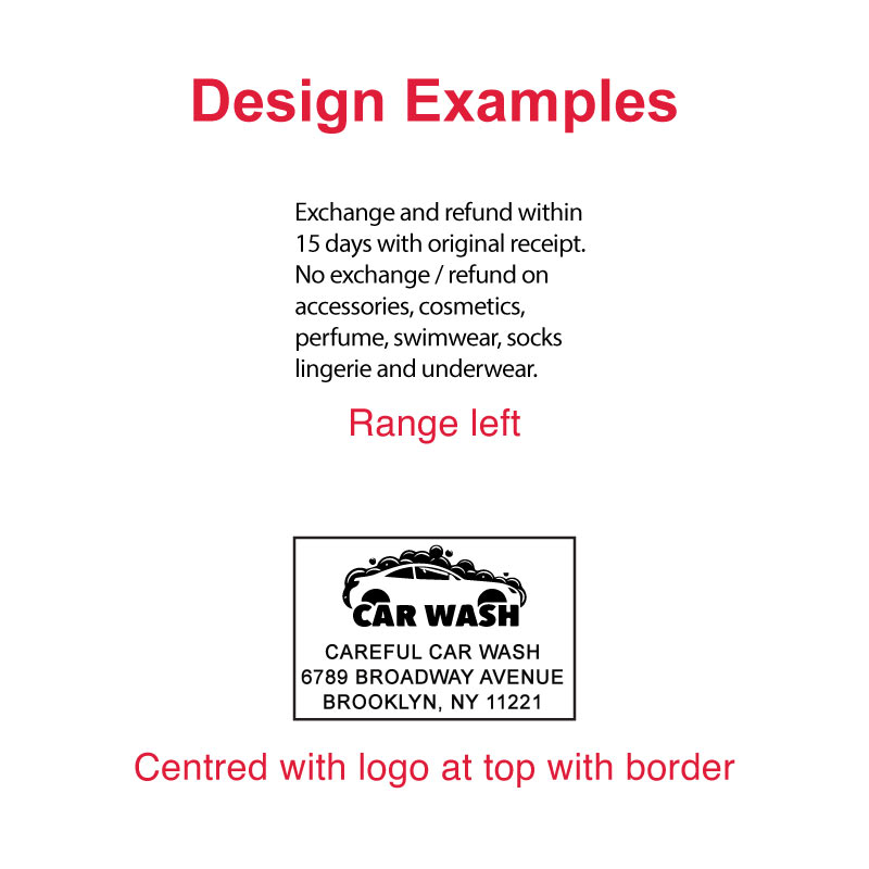 Concept design layouts for DF3555 pre-inked stamp, featuring different text arrangements and logo placements for branding