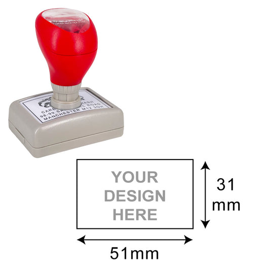 DF3555 Pre-Inked Stamp with red cap and customizable imprint area of 31x51mm for personalized branding or logos