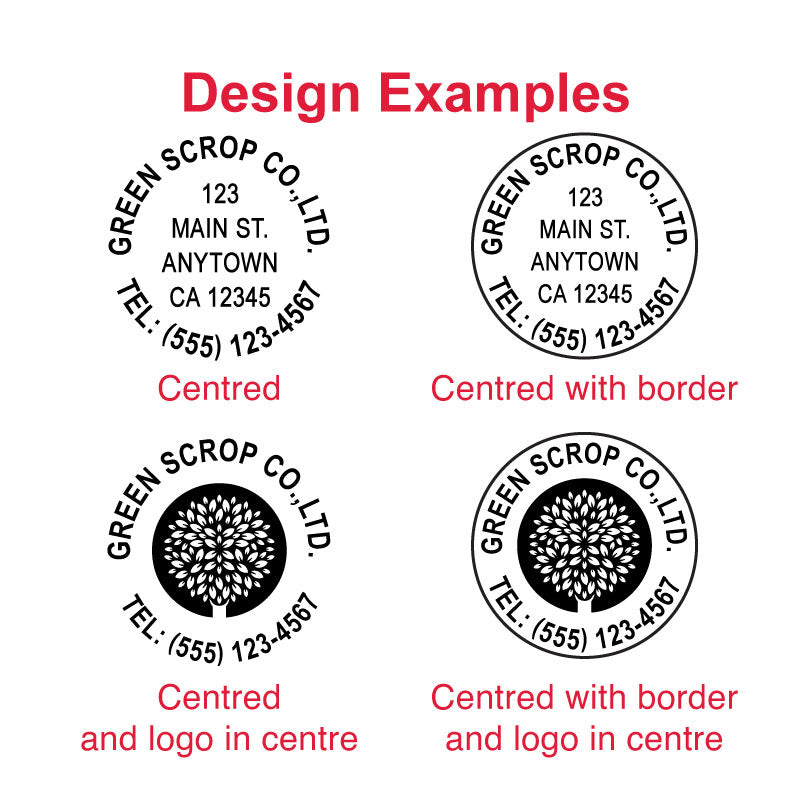 Examples of customizable impressions with the DF42 Pre-Inked Stamp - address, logo, and personalized designs