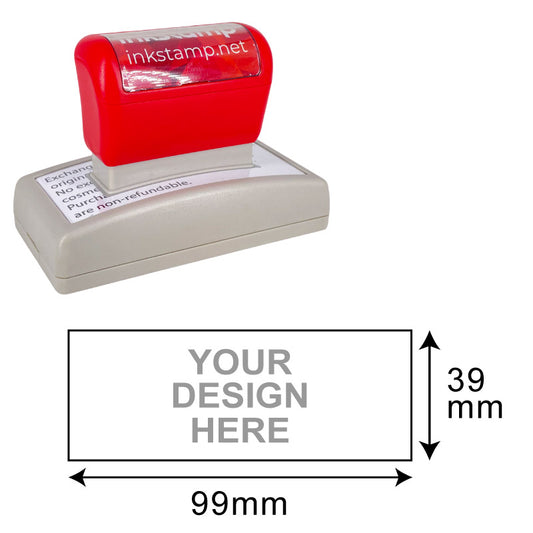 DF43103 Pre-Inked Stamp with a customizable design area of 39x99mm ready for detailed imprinting, featuring a red handle, compact design, and pre-inked technology for efficient and precise stamping.