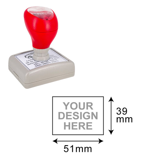 DF4355 Pre-Inked Stamp with a customizable design area of 39x51mm showcasing a compact and portable red and grey stamp, ready for personalized addresses, logos, and designs.