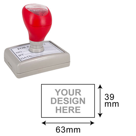 DF4367 Pre-Inked Stamp with a blank design area of 39x63mm, ready for customized business and personal imprints, featuring a red handle and grey base, designed for clear and lasting impressions.