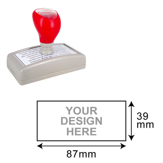 DF4391 Pre-Inked Stamp with a large customizable area of 39x87mm for business and personal use, featuring a red ergonomic handle and grey base for comfortable and precise stamping.