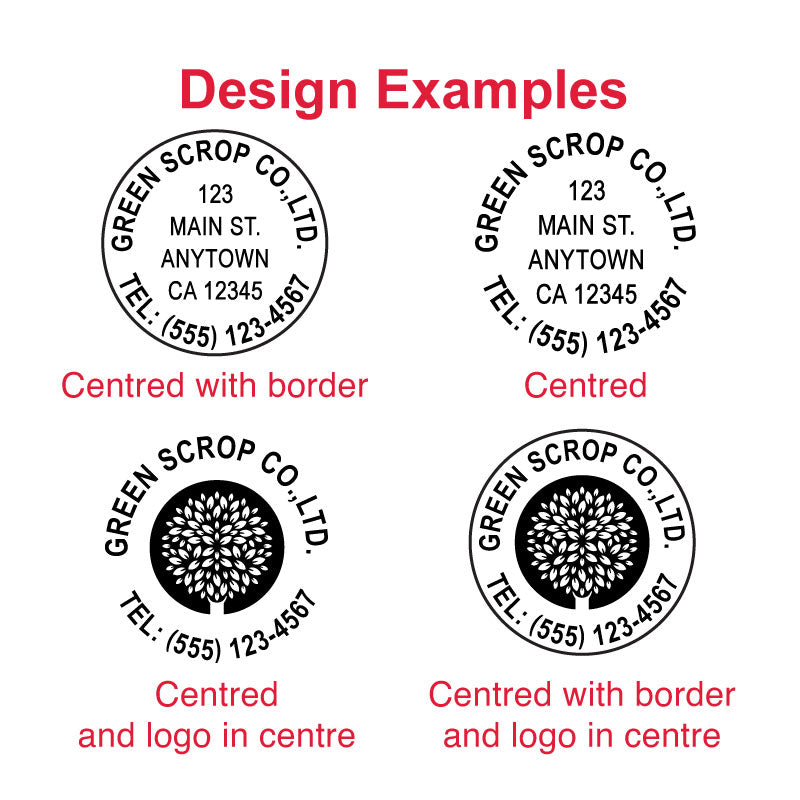 Examples of customizable impressions with the DF47 Pre-Inked Stamp - address, logo, and personalized designs