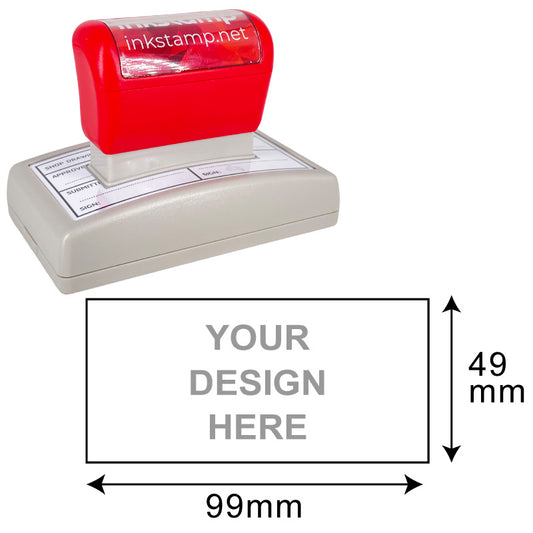 DF53103 Pre-Inked Stamp with a large design area of 49x99mm for custom imprints, featuring a red handle and sturdy grey base, ready for business and creative stamping needs.