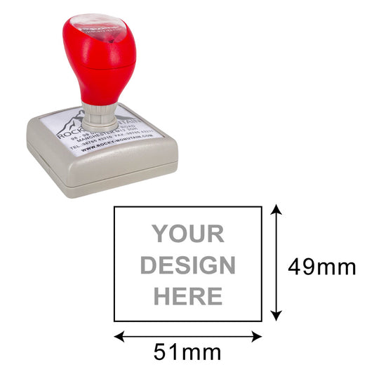 DF5355 Pre-Inked Stamp with a square design area of 49x51mm, equipped with a red handle and grey base, ready for creating sharp and clear business or personal imprints.