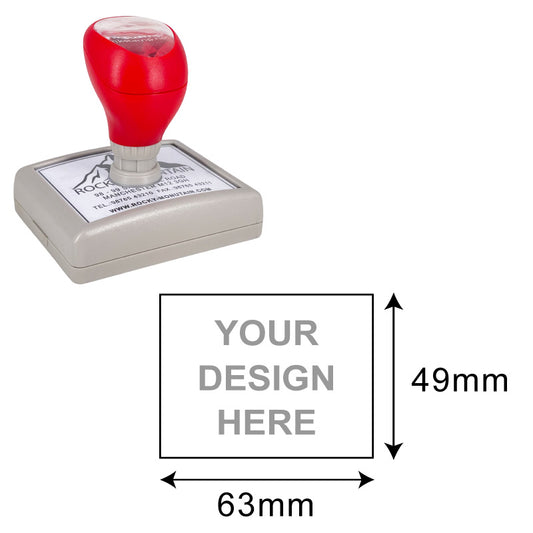 DF5367 Pre-Inked Stamp with a rectangular design area of 49x63mm, featuring a comfortable red handle and grey base, ready for custom business and personal imprints.