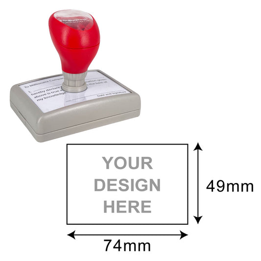 DF5378 Pre-Inked Stamp with a large rectangular design area of 49x74mm, showcasing a red handle and grey base, customizable for business declarations and personalized stamps.