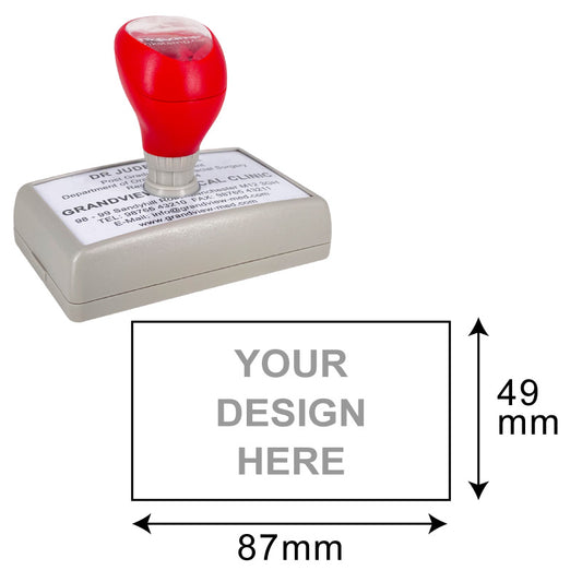 DF5391 Pre-Inked Stamp with a rectangular design area of 49x87mm, showcasing a red handle and grey base, customizable for medical clinic stamps and professional use.