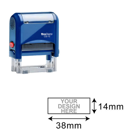 Blue MaxStamp CSI-10 self-inking stamp with transparent base showcasing the model number, alongside a graphic of the stamp area at 14mm by 38mm with 'YOUR DESIGN HERE' placeholder text for customization.