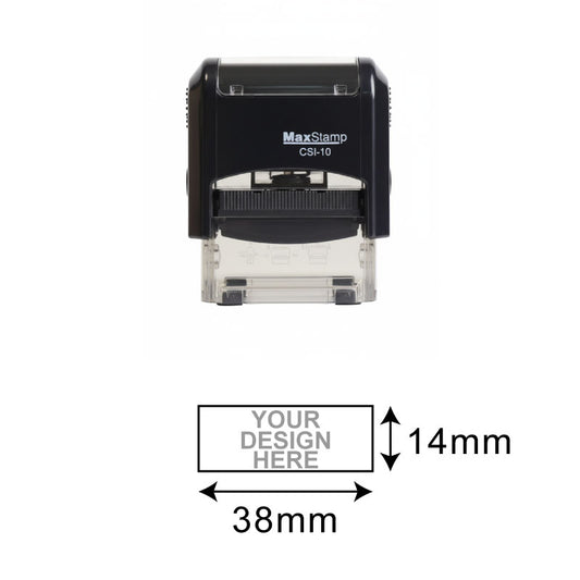 MaxStamp CSI-10 stamp with dimensions labeled on a white background