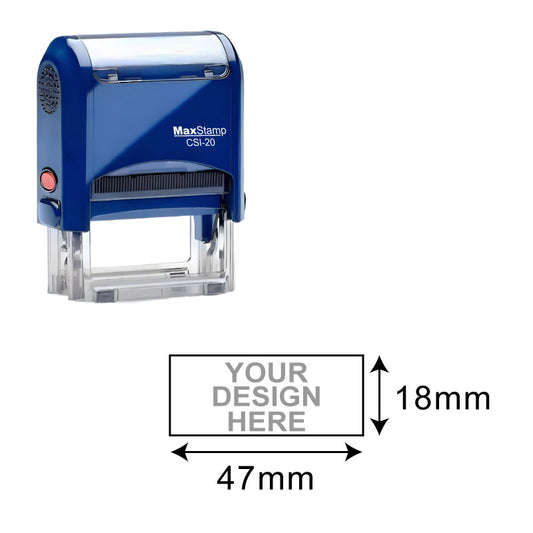 Blue MaxStamp CSI-20 self-inking stamp with a clear base and a label indicating the model number, displayed next to a representation of the customizable impression area measuring 18mm by 47mm with a placeholder text 'YOUR DESIGN HERE'.