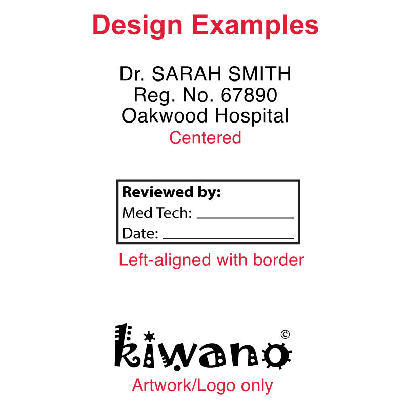 Design examples for the MaxStamp CSI-20 self-inking stamp, showing centered text layout, left-aligned text with border, and artwork/logo-only design.