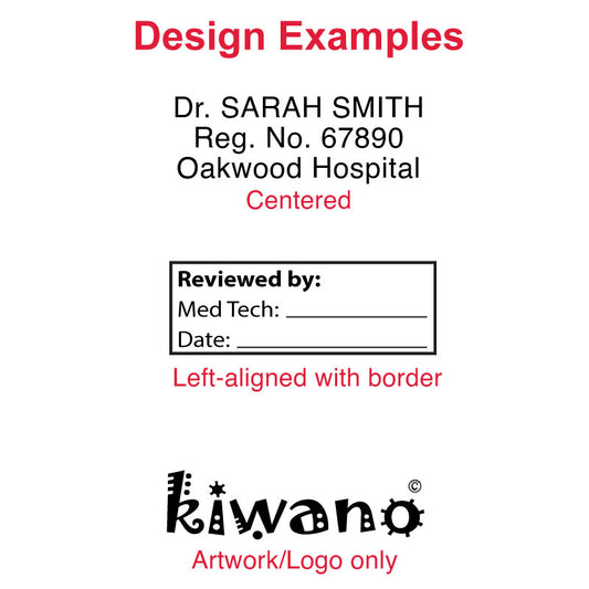 Design examples for the MaxStamp CSI-20 self-inking stamp, showing centered text layout, left-aligned text with border, and artwork/logo-only design.