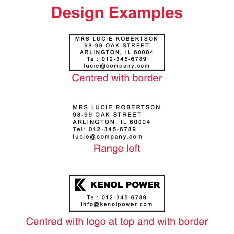 Three design examples for MaxStamp CSI-30 self-inking stamp: top shows a design centered with a border, middle aligned to the left without a border, and bottom centered with a logo at the top and a border. Each example displays a name, address, phone number, and email, illustrating customization options for professional use.