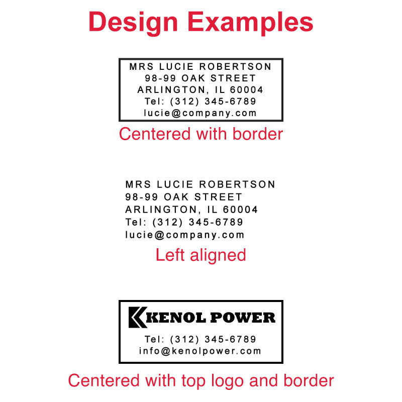 Design examples for the MaxStamp CSI-20 self-inking stamp, showing centered text layout, left-aligned text with border, and artwork/logo-only design.