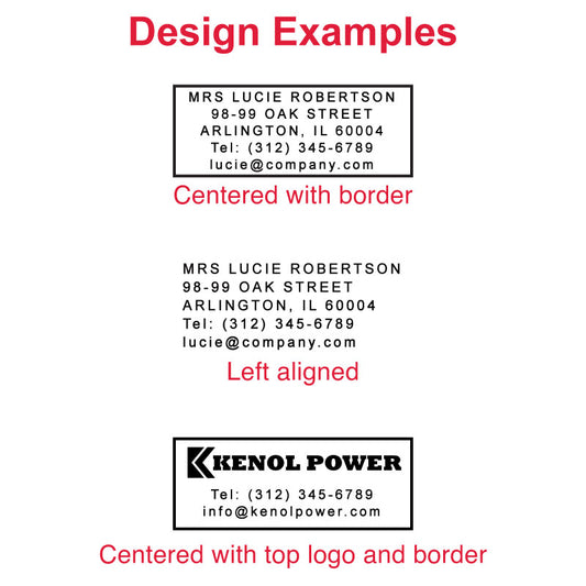 Design examples for the MaxStamp CSI-20 self-inking stamp, showing centered text layout, left-aligned text with border, and artwork/logo-only design.