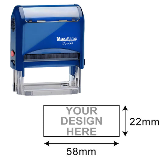 Blue MaxStamp CSI-30 self-inking stamp with a transparent base and model label, featuring a customizable impression area of 22mm by 58mm displayed with a placeholder for 'YOUR DESIGN HERE'.