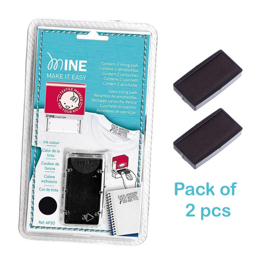 Pack of 2 MINE stamp replacement ink pads in black, displayed in clear packaging with text indicating compatibility with textile stamps and easy-to-change design.
