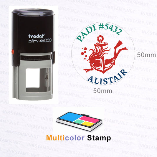 Trodat Printy 46050 multicolor self-inking round stamp with 50 mm diameter and logo seal design
