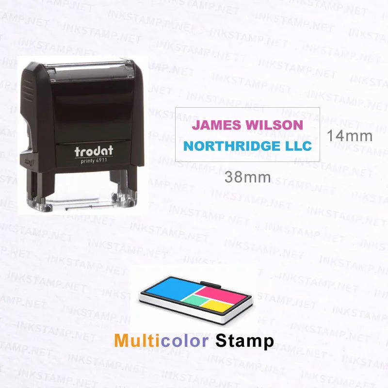 Trodat 4911 multicolor custom self-inking stamp showing 38mm by 14mm imprint area and sample name stamp