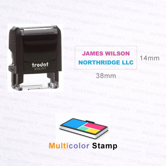 Trodat 4911 multicolor custom self-inking stamp showing 38mm by 14mm imprint area and sample name stamp