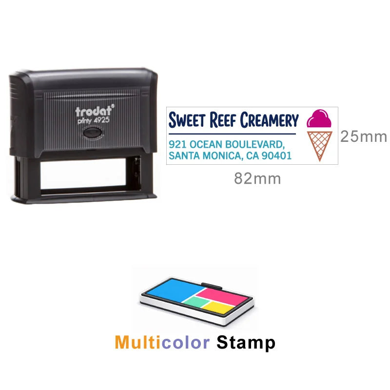 Trodat Printy 4925 multicolor self-inking stamp with 82 × 25 mm imprint size and detailed business stamp design