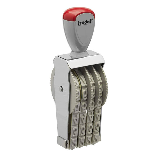 Red and grey Trodat 15124 manual number stamp with a traditional style adjustment mechanism.