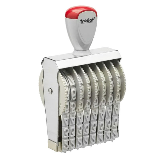 Red and grey Trodat 15128 manual number stamp designed for precise and adjustable document numbering.