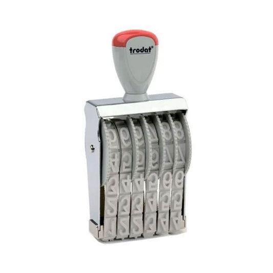 Red-handled Trodat 15156 number stamp with a shiny metal frame and customizable number wheels, ideal for repetitive stamping.