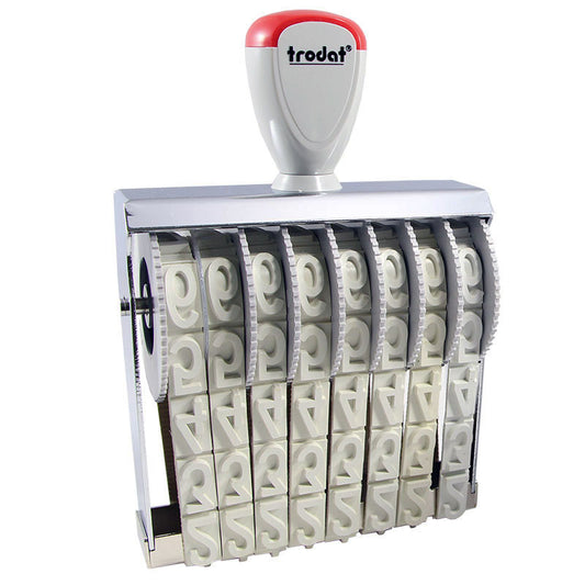 The Trodat TR-15158 number stamp with a white ergonomic handle and a red band on top, featuring the brand name in white. It shows multiple rotating bands with white numerals on a gray background, set against a white backdrop.