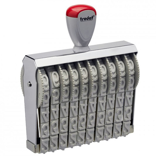 The Trodat TR-151810 number stamp displayed against a white background, with a gray body, ten adjustable number bands with white numerals, and a distinctive red and gray handle bearing the Trodat logo.