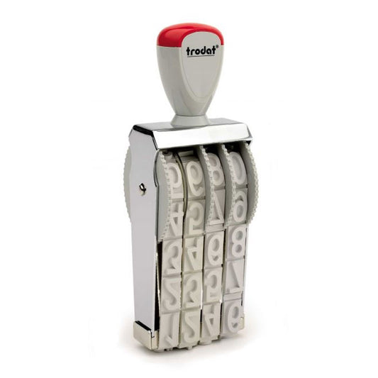 Trodat TR-15184 number stamp featuring a red and gray ergonomic handle with four rotating number wheels for quick customization.