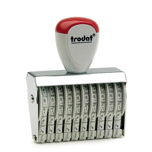 Ergonomically designed Trodat TR-15310 stamp with a red handle, equipped with 10 precision bands for 3mm high numbering, suitable for small-scale documentation.