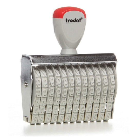 Red and white handled Trodat TR-15312 number stamp, designed with 12 easy-to-rotate bands and 3mm characters for fine and detailed numeric stamping.