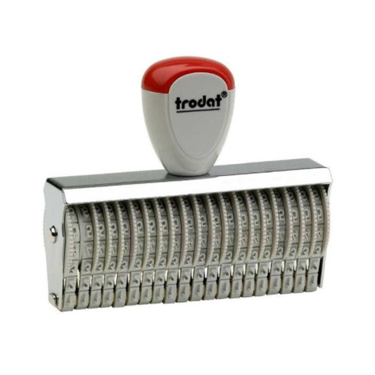 Trodat TR-15320 robust number stamp with a red handle, offering 20 bands for customizable 3mm tall numbers, ideal for detailed and complex document numbering.