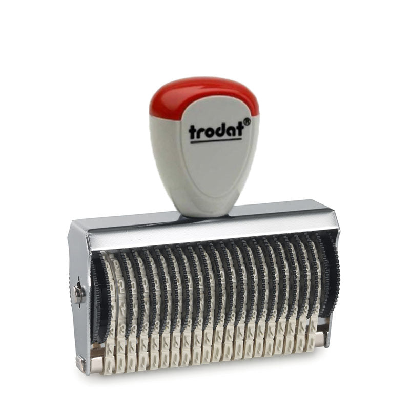 Trodat TR-15320 robust number stamp with a red handle, offering 20 bands for customizable 3mm tall numbers, ideal for detailed and complex document numbering.