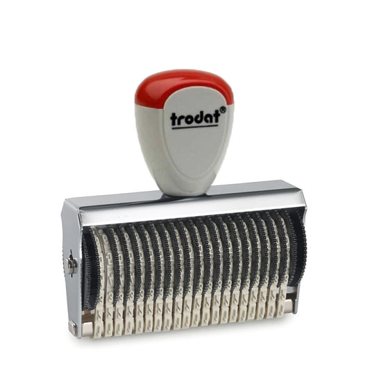Trodat TR-15320 robust number stamp with a red handle, offering 20 bands for customizable 3mm tall numbers, ideal for detailed and complex document numbering.