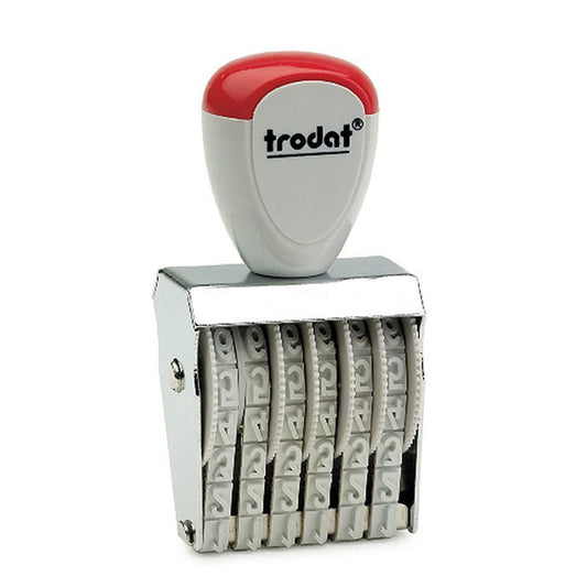 Trodat 1536 number stamp with red and grey handle highlighting its adjustable number wheels.