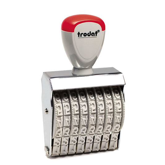 Versatile Trodat TR-1538 stamp with a red handle and 8 customizable bands, creating 3mm height numbers for precise numbering in various administrative tasks.