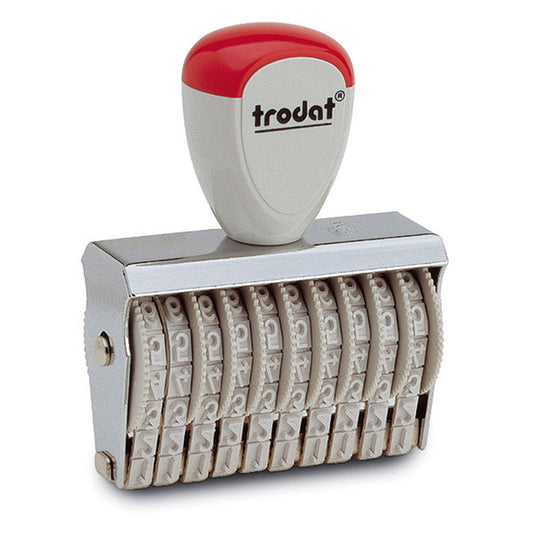 Ergonomic Trodat TR-15410 stamp with a red handle, featuring 10 bands for 4mm high numbers, tailored for organized and legible document numbering.