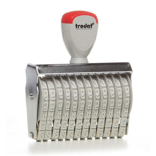 Red-handled Trodat TR-15412 number stamp, offering 12 rotating bands that produce clear 4mm digits, suitable for precise and repetitive stamping requirements.