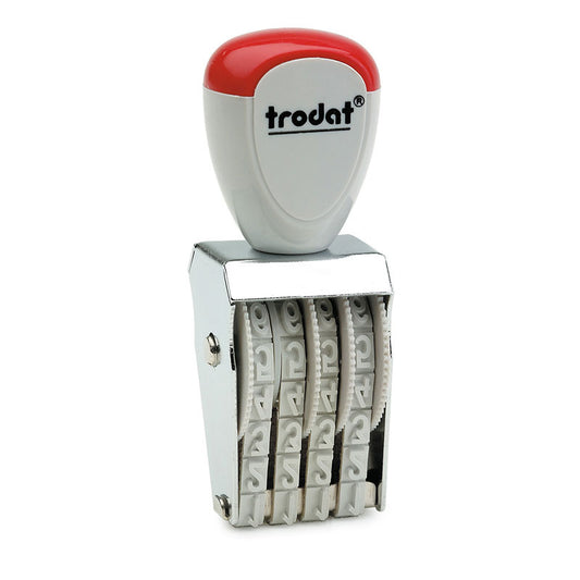 Trodat TR-1544 number stamp with a distinctive red and white handle, precision-made metal turning wheels visible, for office and administrative use.