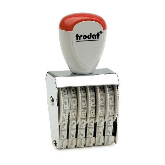 Trodat TR-1546 manual number stamp featuring a red and white comfortable handle, with a durable metal structure, suitable for documents and forms.